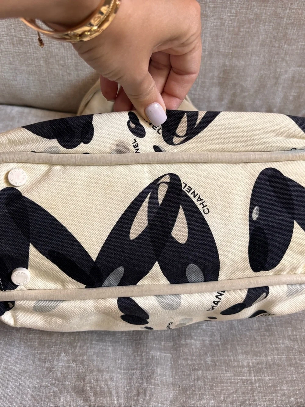 Authentic CHANEL vintage mini beige black Surfline canvas tote